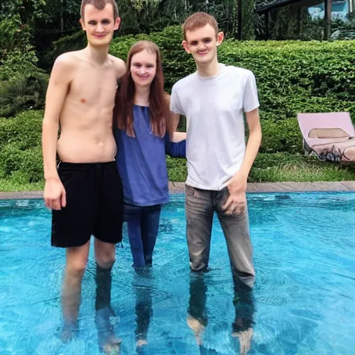 Prompt: vitalik buterin and sam bankman - friedman hanging by the pool