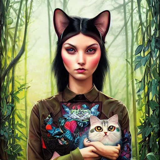 Prompt: Forestpunk cat portrait Pixar style, by Tristan Eaton Stanley Artgerm and Tom Bagshaw