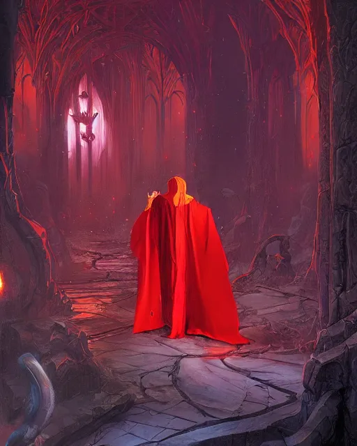 Image similar to a fantasy painting with a wizard in red robes in the foreground of a surreal environment by greg rutkowski and michael whelan