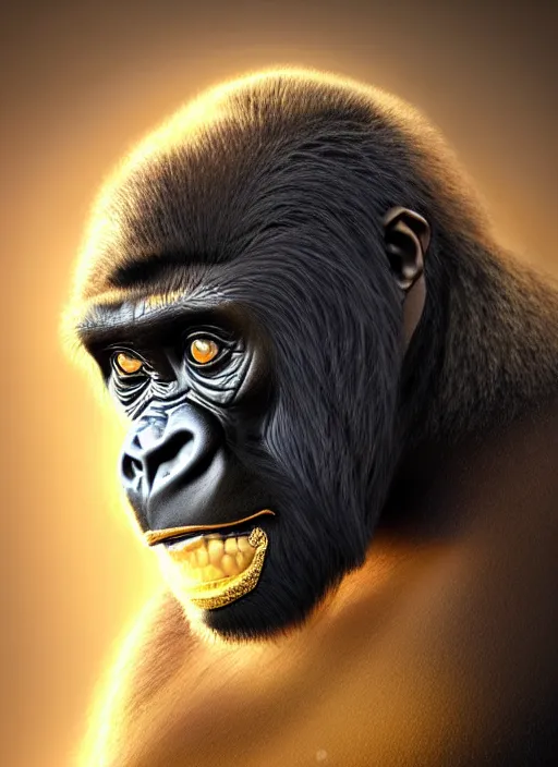 Prompt: dreamlike stunning gorillas god portrait, gold kimono, art by artgerm, wlop, loish, ilya kuvshinov, 8 k realistic, hyperdetailed, beautiful lighting, detailed background, depth of field, symmetrical face, frostbite 3 engine, cryengine,