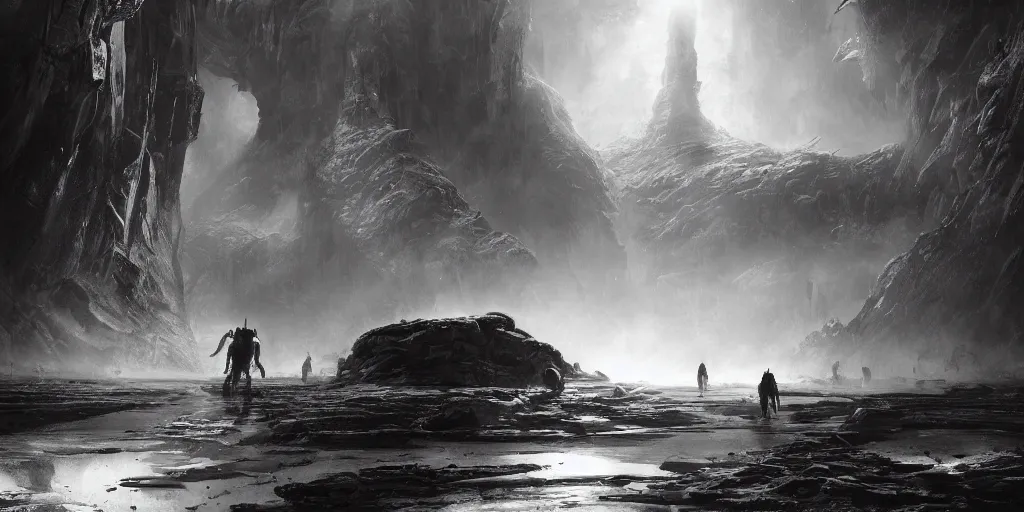 Prompt: black and white graphic thumbnails of alien concuring on a planet with high tech fantasy / magical machinery, cinematic composition, a fantasy digital painting by greg rutkowski and james gurney, trending on artstation, highly detailed, hyperrealistic, realistic, photorealistic, dynamic lighting, highly detailed, cinematic landscape, studio landscape, studio lighting