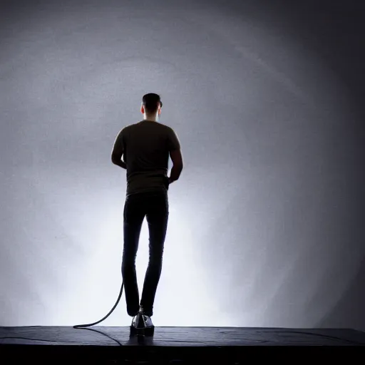 Prompt: a man standing on top of a stage holding a microphone, a matte painting by zack snyder, unsplash, kinetic art, associated press photo, kinetic, volumetric lighting