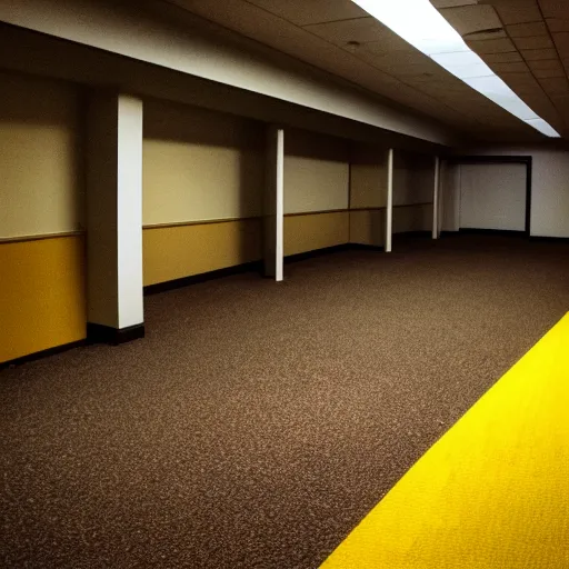 Image similar to flash low quality photograph of the backrooms, mustard - yellow old moldy moist carpet room, empty liminal space, very dark shadows, broken fluorescent lighting, horror movie scene, film grain