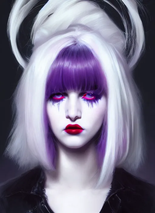 Image similar to portrait of white teenage girl, normal face, white bangs, mall goth, cyberlox, black and white hair, bangs, fluffy bangs, red contact lenses, purple lipstick, intricate, elegant, highly detailed, digital painting, artstation, concept art, sharp focus, smooth, illustration, art by wlop, mars ravelo and greg rutkowski