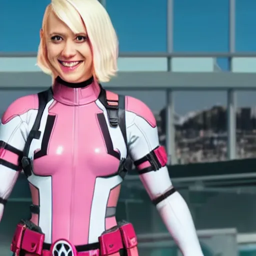 Image similar to A still of Gwenpool in Deadpool 3 (2023), blonde hair with pink highlights, no mask, white and light-pink outfit, smiling and winking at the camera, comics accurate design