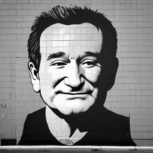 Prompt: robin williams street art mural by haruki murakami : 1 high contrast, hard edges, matte painting, geometric shapes, masterpiece : 1