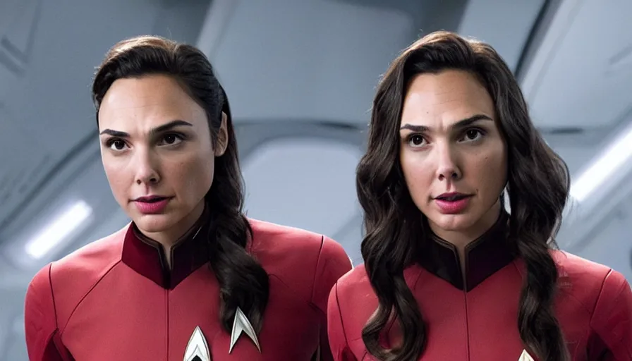 Image similar to Gal Gadot, wearing command red, is the captain of the starship Enterprise in the new Star Trek movie