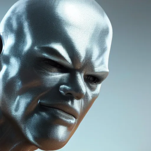 Image similar to still photo of silver surfer, highly detailed, photorealistic portrait, bright studio setting, studio lighting, crisp quality and light reflections, unreal engine 5 quality render