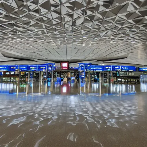 Image similar to photo of an airport interior, the floor is flooded with one meter deep water. eerie, volumetric lighting. highly - detailed 4 k