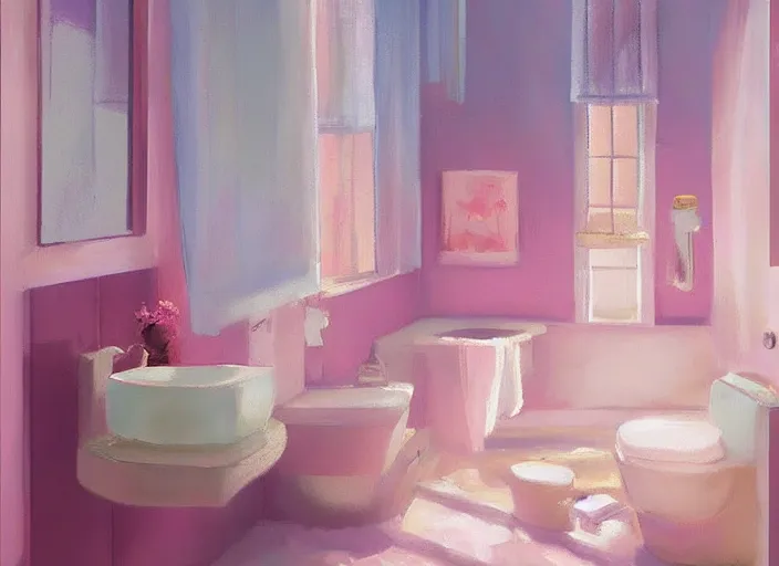 Image similar to placid pastel morning cute painterly fluffy bathroom trending on pixiv