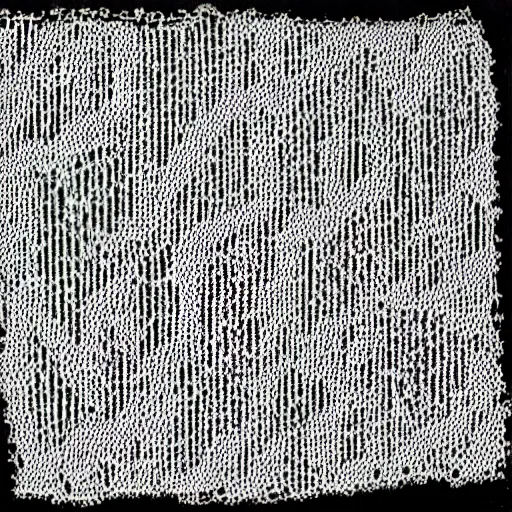 Image similar to a damaged mesh made out of tiny threads with rips and tears, black drawing on white paper