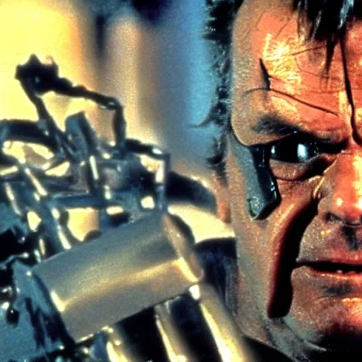 Image similar to Jack Nicholson plays Terminator, epic action scene where his endoskeleton gets exposed, still from the film, cinematic, 80s