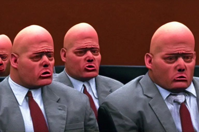 Image similar to crying coneheads testifying in court, detailed facial expressions