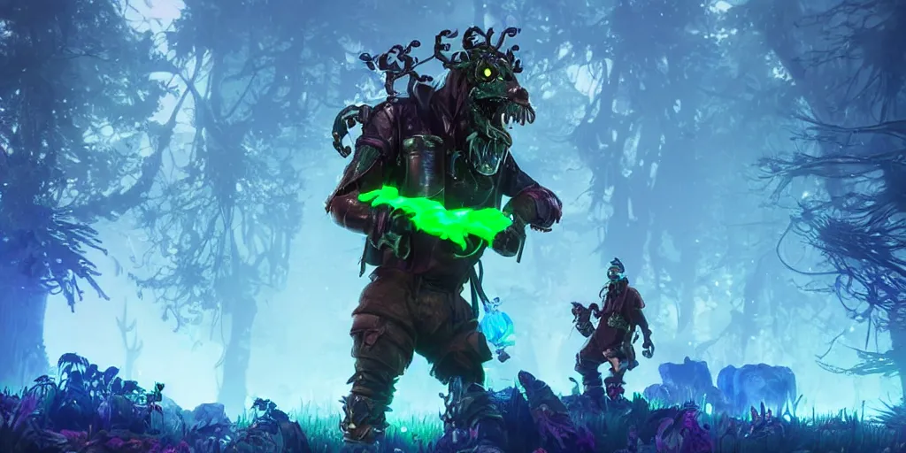 Image similar to gamekeeper hunting for mystical forest monster and wearing a steampunk and neonpunk mechanical fluorescent mystical animal mask realism in style of fornite game. bio luminescent, plasma, ice, water, wind, creature, artwork by tooth wu and wlop and beeple and greg rutkowski, epic cinematic shot, perfectly defined features, ambient occlusion