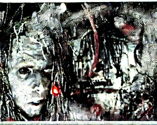 Image similar to rotten zombie jack sparrow [ covered in wires ] emerges from a cybercore portal in my disgusting room in the basement, 1 6 mm