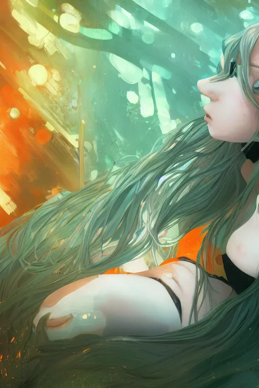 Image similar to a girl with long white hair lying in a bathroom bath at afternoon, green and orange theme, s line, 4 5 angel by krenz cushart and mucha and makoto shinkai and akihito yoshida and greg rutkowski, nier : automata inspired, 4 k resolution