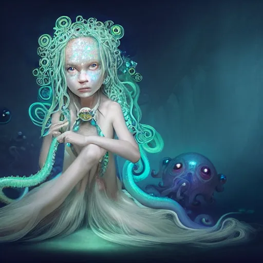 Image similar to A full shot of a cute magical monster Cryptid wearing a dress made of opals and tentacles. Chibi. Subsurface Scattering. Translucent Skin. Caustics. Prismatic light. defined facial features, symmetrical facial features. Opalescent surface. Soft Lighting. beautiful lighting. By Giger and Ruan Jia and Artgerm and WLOP and William-Adolphe Bouguereau and Loish and Lisa Frank. Sailor Moon. trending on artstation, featured on pixiv, award winning, sharp, details, intricate details, realistic, Hyper-detailed, HD, HDR, 4K, 8K.