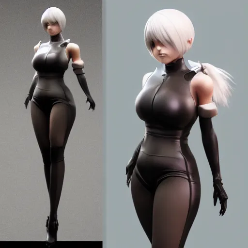 Prompt: 2 b nier automata wearing skintight clothes, 3 d render, anatomically correct, cinematic lighting, unreal engine, octane render, ray tracing, unity, highly detailed, high quality, hd, 4 k, 8 k, realistic, sharp, trending