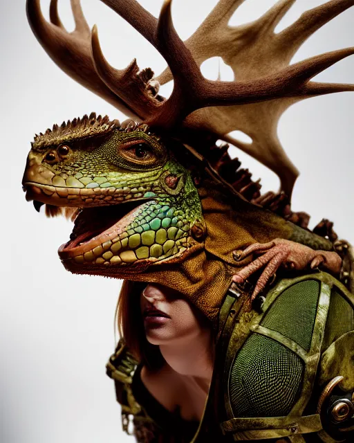 Image similar to 5 5 mm portrait photo of an armored redhead woman with antlers and a an iguana sitting on her shoulder by luis royo. highly detailed 8 k. intricate. lifelike. soft light. nikon d 8 5 0. cinematic post - processing