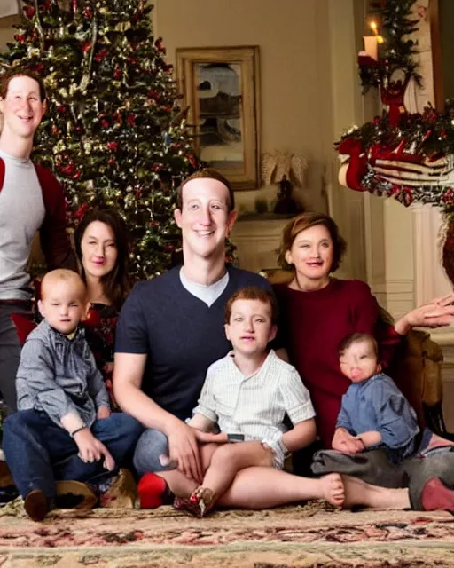 Prompt: postcard showing 'zuckerberg's christmas family pictures' laying on coffee table, zoomed out, HD, iphone capture