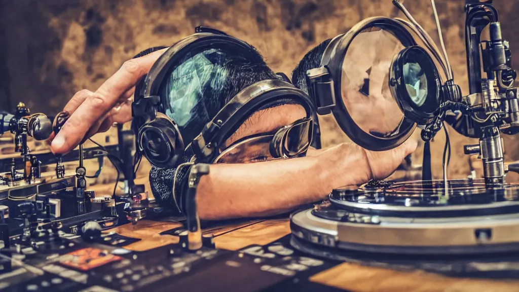 Image similar to a person wearing goggles and visor and headphones using a steampunk record player contraption, wires and tubes, turntablism dj scratching, intricate planetary gears, complex, cinematic, imax, sharp focus