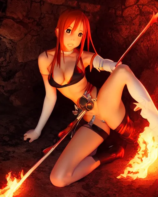 Image similar to pinup photo of asuna from sao in flame dungeon, asuna by a - 1 pictures, by greg rutkowski, gil elvgren, enoch bolles, glossy skin, pearlescent, anime, very coherent, maxim magazine, 3 d, vray, unreal 5, octave rendey, maya