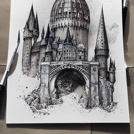 Image similar to beautiful aesthetic inspirational masterful professional ink pen and watercolor sketch of harry potter school of wizardry, ultra detailed, fine details, trending on artstation, high quality paper