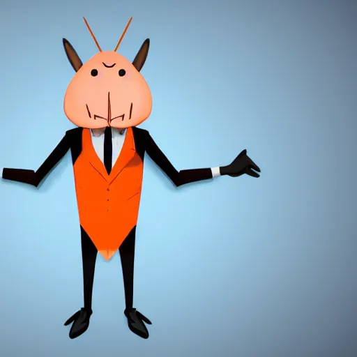 Prompt: full body shot of a thin anthropomorphic cockroach wearing a suit with a tie, long antennae, best of artstation, backlighting, orange lights, blue shadows, 8k, hyper detail illustration, symmetrical, correct proportions