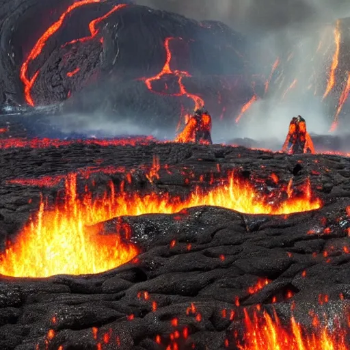 Image similar to movie still of an epic battle, lava in the background, highly-detailed, establishing shot