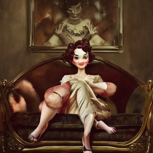 Image similar to lofi portrait on antique sofa, pixar style by Jonathan Yeo and Tom Bagshaw and Joe Fenton