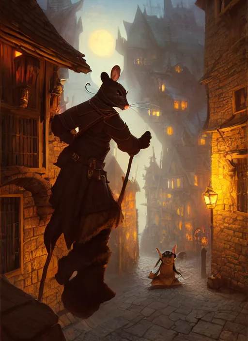 Prompt: anthropomorphic thief mouse, masked, sneaking through a medieval town by night, DnD character, unreal engine, octane render, dramatic lighting, pond, digital art, by Stanley Artgerm Lau, greg rutkowski, thomas kindkade, alphonse mucha, loish, norman Rockwell