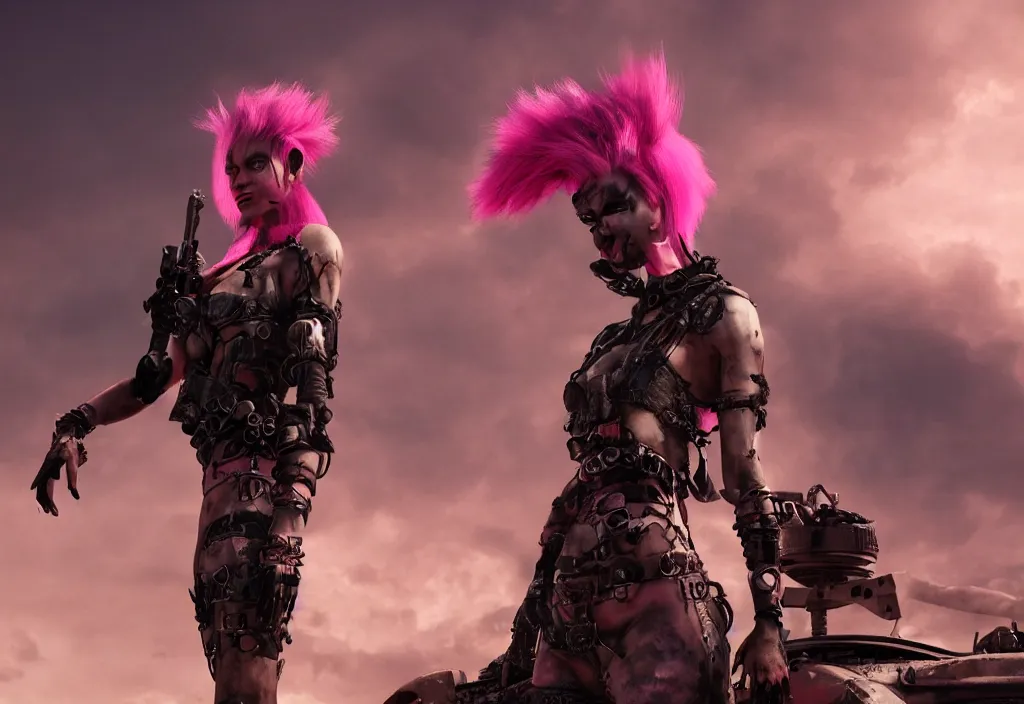 Prompt: beautiful evil apocalyptic woman with pink Mohawk, posing on mad max panzer tank, 4k ultra hd, fantasy dark art, artstation, octane render
