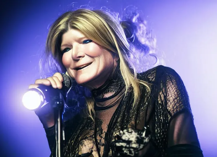 Image similar to publicity photo still of martha stewart in cradle of filth playing live on stage, 8 k, live concert lighting, mid shot