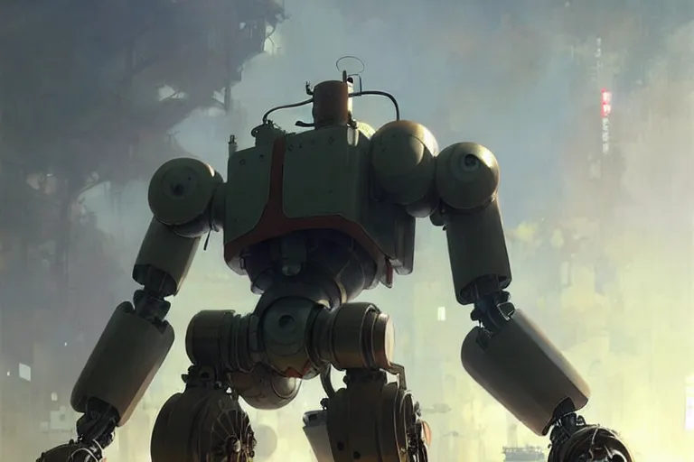 Image similar to dieselpunk, huge humanoid robot, painted by greg rutkowski makoto shinkai takashi takeuchi studio ghibli, akihiko yoshida