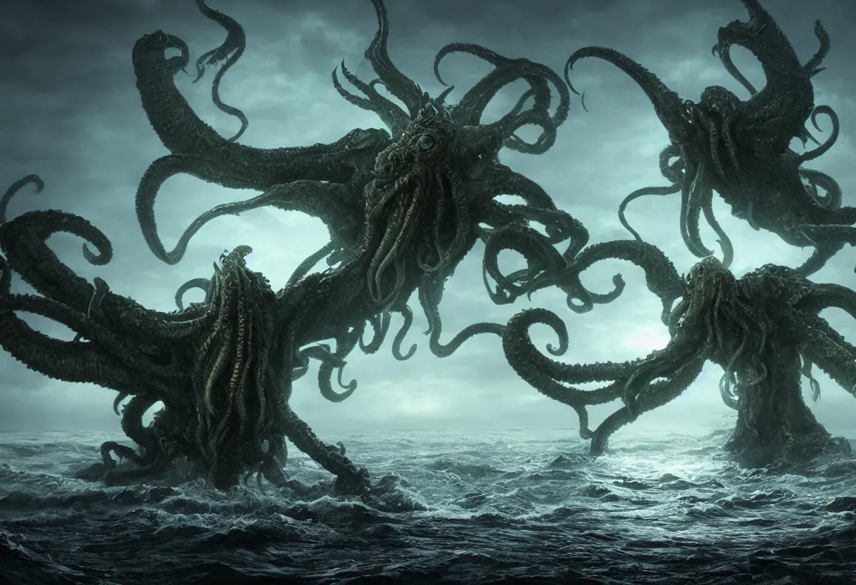 Image similar to concept art of cthulhu emerging from the ocean, omnious old photo, cinematic lighting, apocalyptic, atmospheric, hyper realism, realistic, octane render, dramatic lighting, highly detailed, cinematic