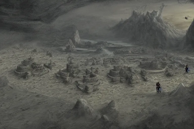 Image similar to a land outside of time and space with floating sands and flying beasts with a Fort in the middle and water tunnels below, a man standing watching over, realistic