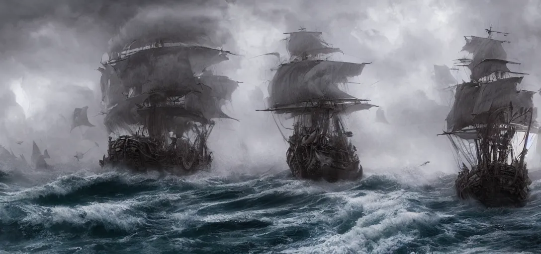 Image similar to wild ocean storm, old wooden pirate ship gets pulled down by giant kraken, appearing from fog, mist, dramatic lighting, cinematic, establishing shot, extremly high detail, foto realistic, pirates of the carribean, cinematic lighting, post processed, concept art, artstation, matte painting, style by eddie mendoza, raphael lacoste, alex ross