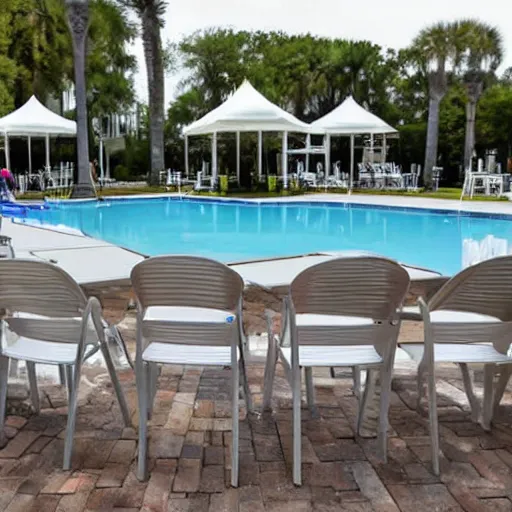 Prompt: scattered papers and cardboard boxes on chairs by the the pool at a florida country club, ap, news photo