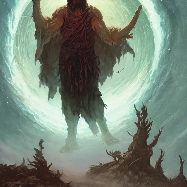 Image similar to a druid standing in a circle at the beginning of the world by greg rutkowski and frank frazetta and peter mohrbacher and william blake and dan mumford