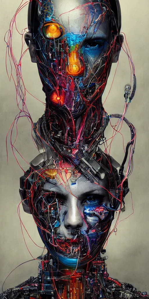 Prompt: portrait of computer & circuits, melting, cyborg, 8 k, by tristan eaton, stanley artgermm, tom bagshaw, greg rutkowski, carne griffiths, ayami kojima, beksinski, giger, trending on deviantart, face enhance, hyper detailed, minimalist, cybernetic, android, blade runner, full of colour, super detailed