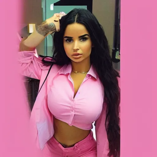 Image similar to an Instagram photo of Demi Rose wearing pink shirt