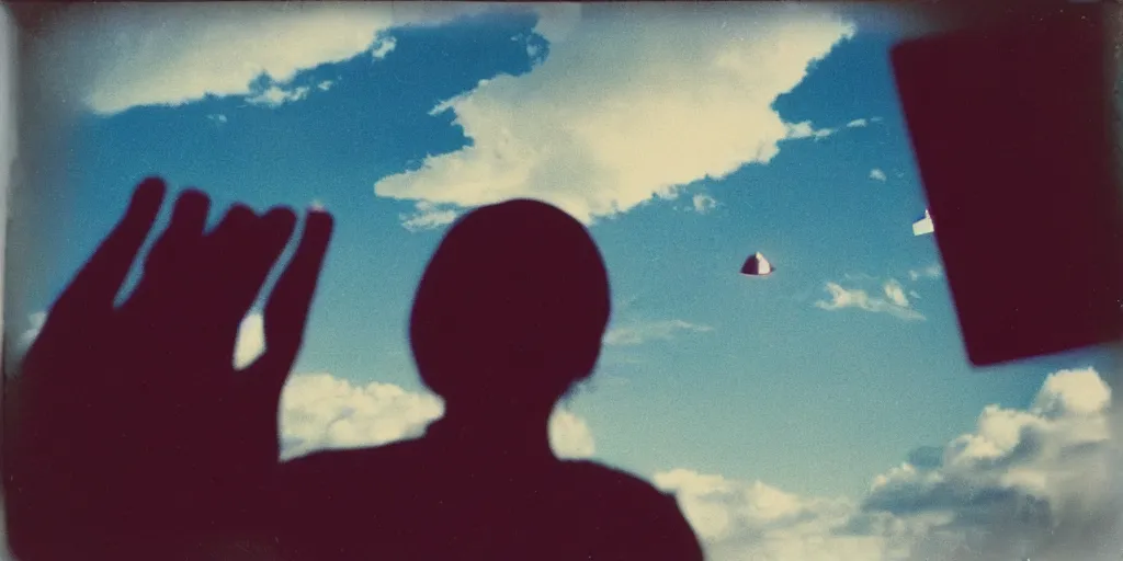 Image similar to vintage polaroid of a beautiful woman spotting a ufo in the sky, seen from behind, detailed clouds, warm azure tones, red color bleed, film grain