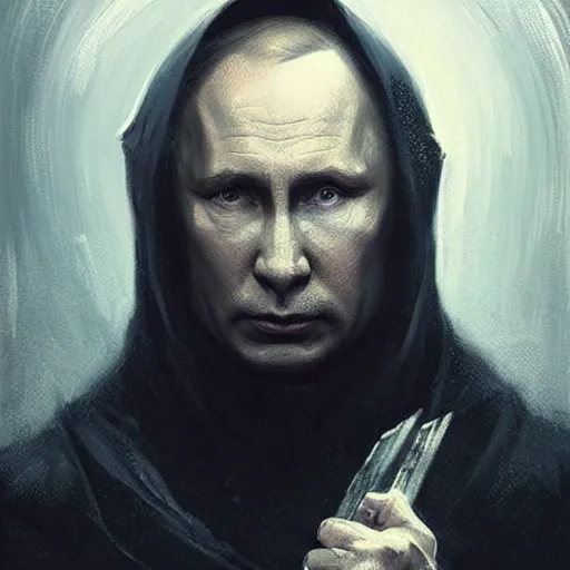 Image similar to portrait of Putin in a black cloak, glowing eyes, detailed face, highly detailed, cinematic lighting, digital art painting by greg rutkowski.