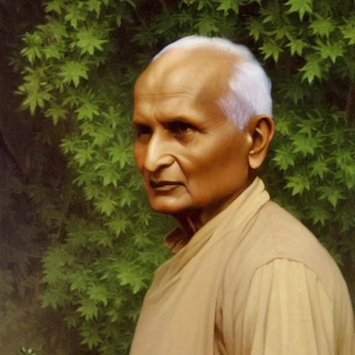 Prompt: an oil painting of Nisargadatta Maharaj, by Bouguereau, highly detailed and intricate, surrounded by nature