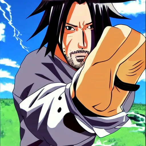 Image similar to keanu reeves fighting naruto anime version