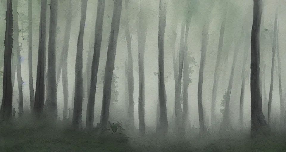 Prompt: watercolor painting of a forest in the fog by the ocean, peaceful,