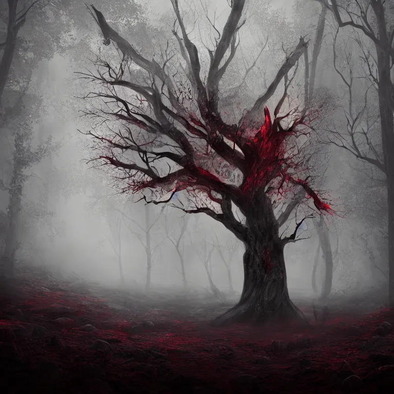 Prompt: a bloody tree as a demon on hell, dark, foggy, eerie, splash, sparkle, smoke, particles, octane render, unreal engine, artstation, digital art.