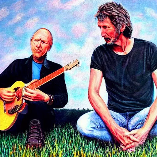 Image similar to “ Roger Waters and Eric Clapton kneeling before Mark Knopfler, oil painting, 4k”