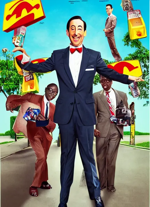 Image similar to Pee Wee Herman, Ghanaian movie poster, comedy, McDonalds, Drug dealers, highly detailed, HD, realism