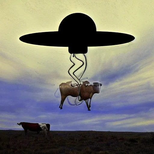 Prompt: a ufo abducting a three headed cow